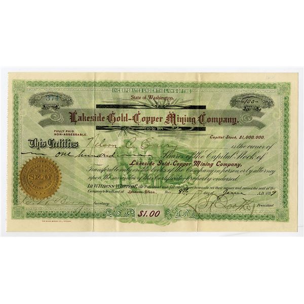 WA. Lakeside Gold-Copper Mining Co., 1899, I/U Stock Certificate