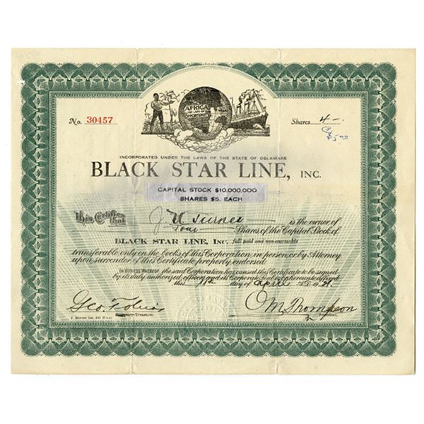 DE. Black Star Line, Inc., 1921, I/U Stock Certificate - Company Founded by Marcus Garvey.