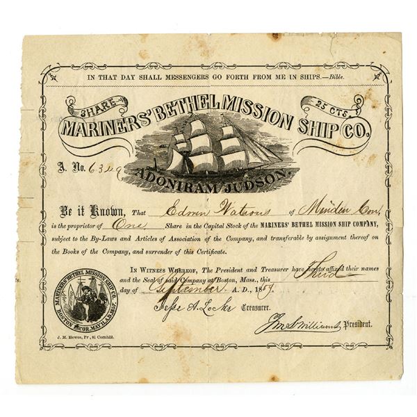 MA. Mariners’ Bethel Mission Ship Company, 1859 I/U Stock Certificate.
