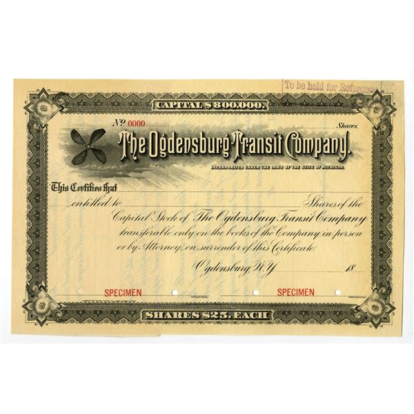 MI. NY.,  Ogdensburg Transit Co., ND (1880-90s), Specimen Stock Certificate