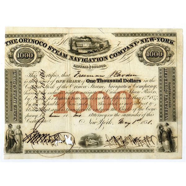 NY. Venezuela & Colombia. Orinoco Steam Navigation Co. of New York, 1851, I/C Stock Certificate.