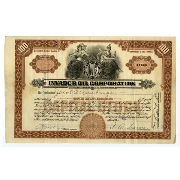 Invader Oil Corp., 1921, I/U Stock Certificate.