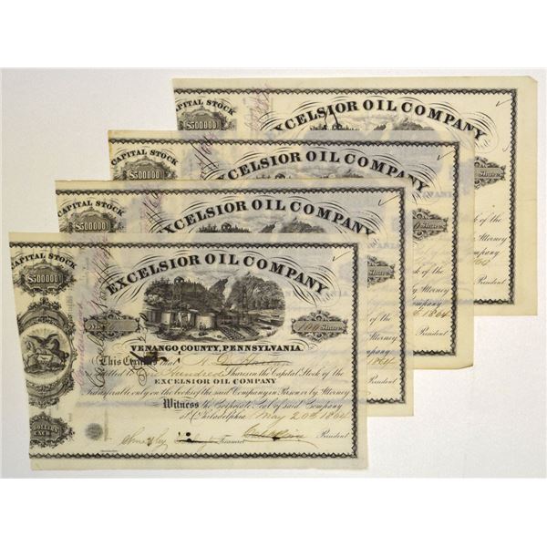 PA. Excelsior Oil Co., 1864, I/C Stock Certificate Quartet.