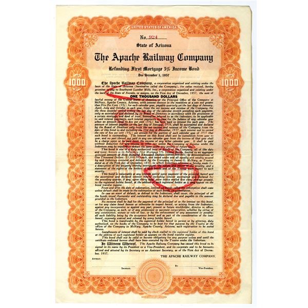 AZ. Apache Railway Co., 1937, Remainder Bond.