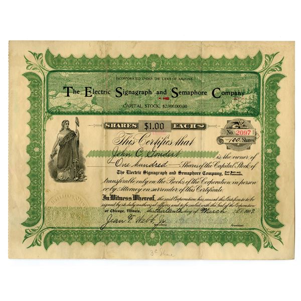 AZ. Electric Signagraph and Semaphore Co., 1907, Issued Stock Certificate.