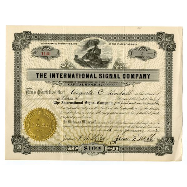 AZ. International Signal Co., 1920, Issued Stock Certificate.