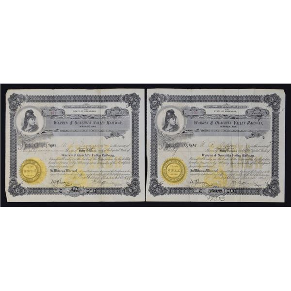 AR. Warren & Ouachita Valley Railway, 1899, I/U Stock Certificate Pair.