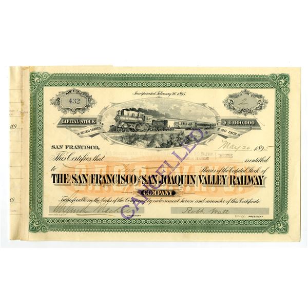 CA. San Francisco and San Joaquin Valley Railway Co., 1895, I/C Stock Certificate.