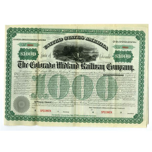 CO. Colorado Midland Railway, 1890, Specimen Bond.