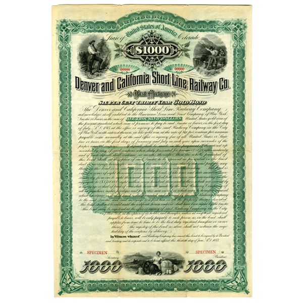CO. Denver and California Short Line Railway Co., 1883, Specimen Gold Bond Rarity