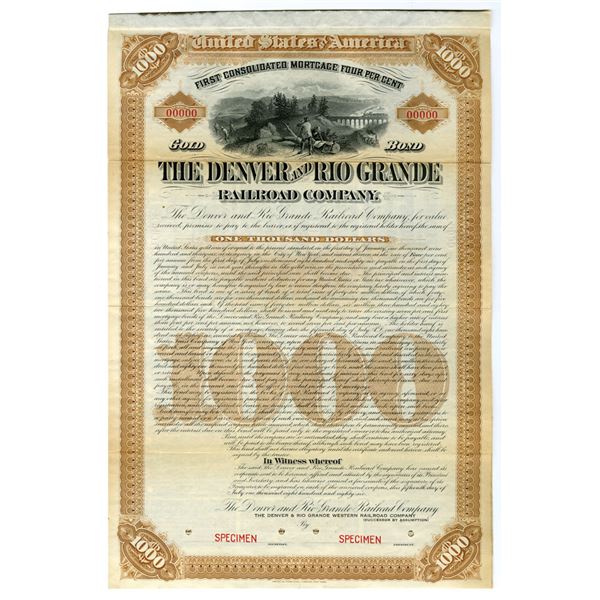 CO. Denver and Rio Grande Railroad Co., 1886, Specimen Coupon Bond.
