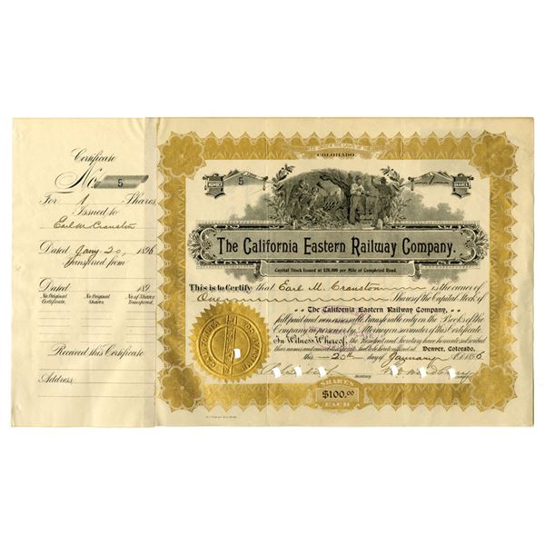 CO., CA. California Eastern Railway Co. 1895 I/C Stock Certificate