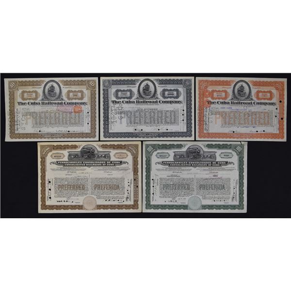NJ. Cuba Railroad Preferred Stock Certificates, 1900s to 1920s
