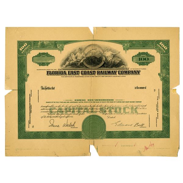 FL. Florida East Coast Railway Co., ND (ca.1940 to 1950's), Progress Proof Stock Certificate.