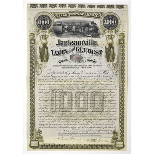 FL. Jacksonville, Tampa and Key-West Railway Co., 1890, I/U Gold Coupon Bond.
