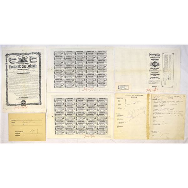 Florida. Pensacola and Atlantic Railroad Co., 1881 Unique Approval Progress Proof Bond Production Lo