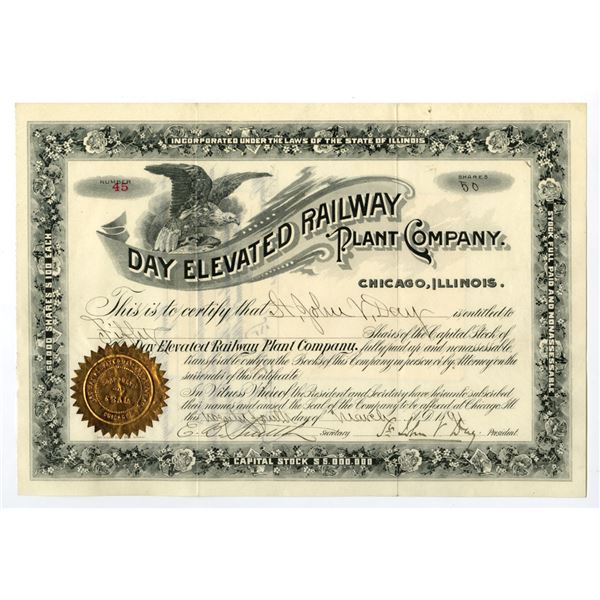 IL. Day Elevated Railway Plant Co., 1891, Issued Stock Certificate.