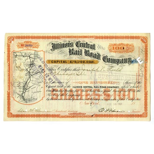 IL. Illinois Central Rail Road Co., 1901, I/C Stock Certificate.