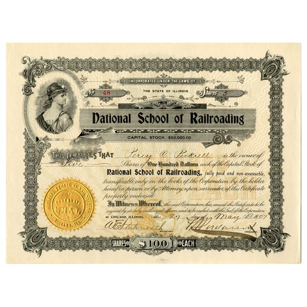 IL. National School of Railroads, 1907, I/U Stock Certificate.
