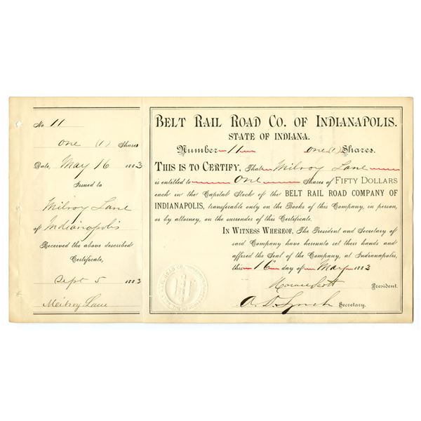 IN. Belt Rail Rado Co. of Indianapolis, 1883, Issued Stock Certificate.