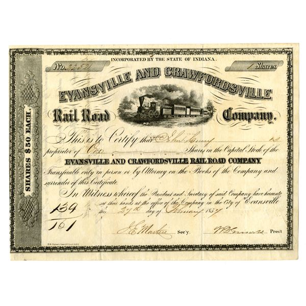 IN. Evansville and Crawfordsville Rail Road Co., 1857, I/U Stock Certificate.
