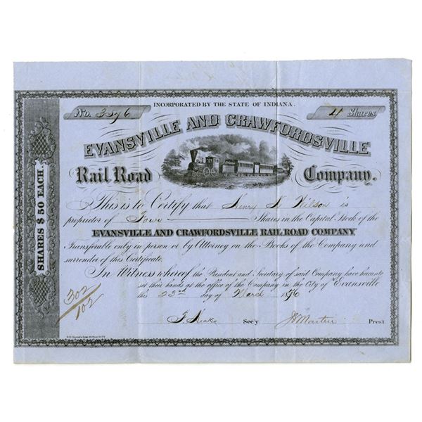 IN. Evansville and Crawfordsville Rail Road Co., 1876, Issued Stock Certificate.