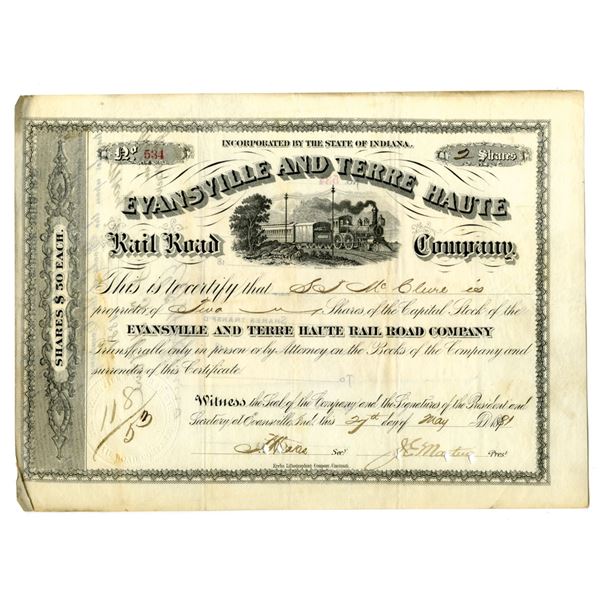 IN. Evansville and Terre Haute Rail Road Co., 1881, I/C Stock Certificate.