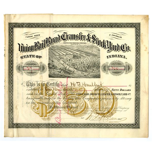IN. Union Rail Road Transfer & Stockyard Co., 1879, I/C Stock Certificate.