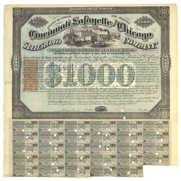 IN&IL. Cincinnati Lafayette and Chicago Railroad Co., 1871. I/C Bond with U.S. I.R. on left.