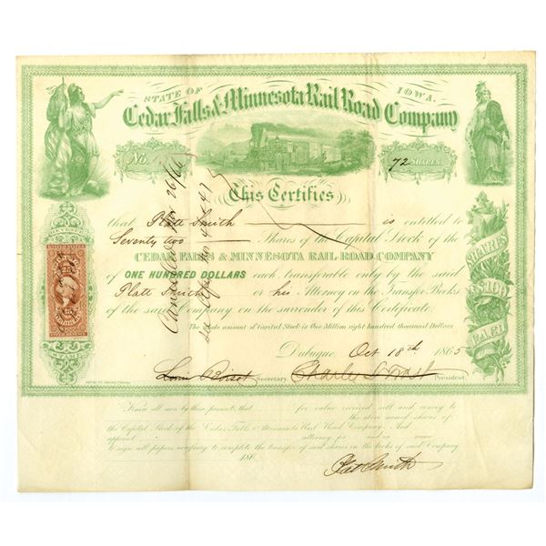 IA. Cedar Falls & Minnesota Rail Road Co., 1865, I/C Stock Certificate.