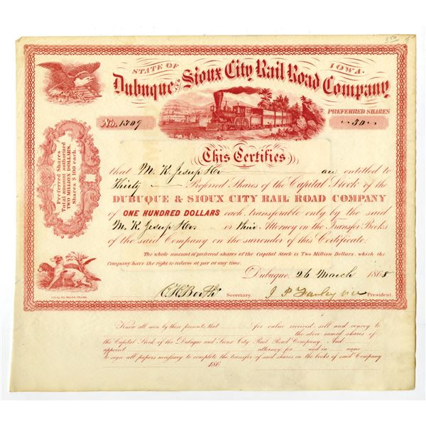 IA. Dubuque and Sioux City Rail Road Co., 1868, I/U Stock Certificate.