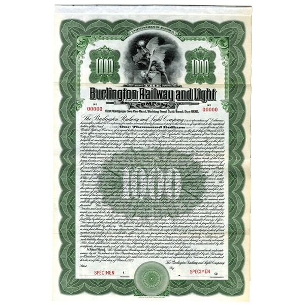 IA. Burlington Railway and Light Co., 1912 Specimen Bond