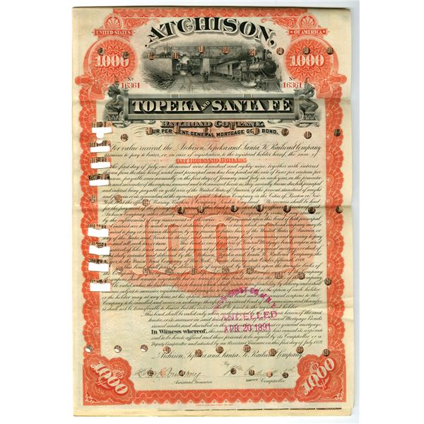 KS. Atchison, Topeka and Santa Fe Railroad Co., 1889, I/C Bond.