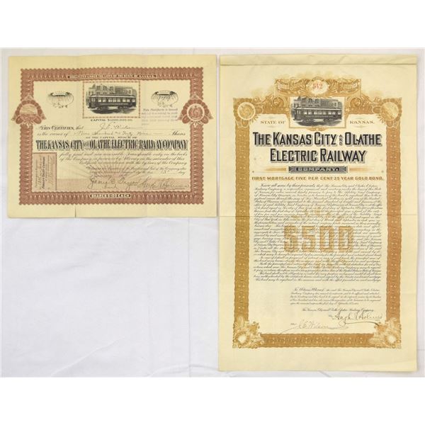 KS. Kansas City and Olathe Electric Railway Co., 1903 & 1904, Issued Stock and Bond Pair.