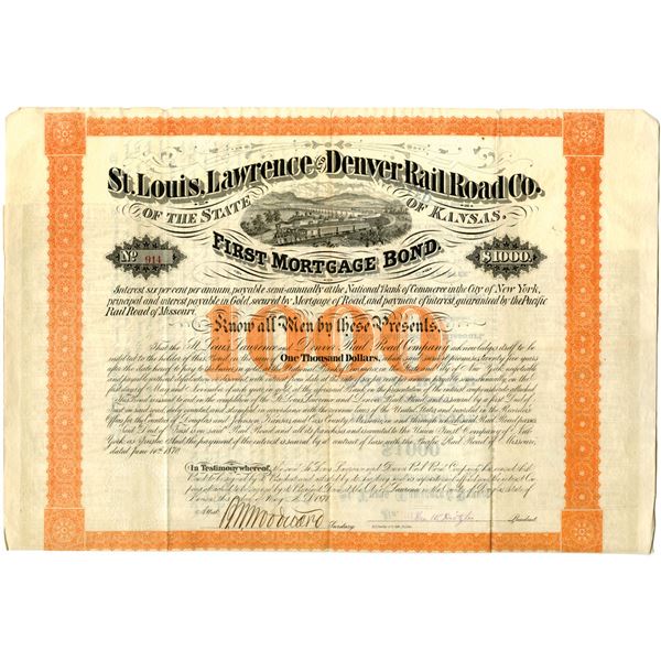 KS. St. Louis, Lawrence and Denver Rail Road Co., 1871, I/U Bond.