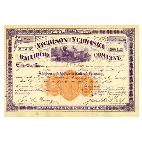 KS. and, NB. Atchison and Nebraska Railroad Co., 1872, I/C Stock Certificate with U.S. Imprinted Rev