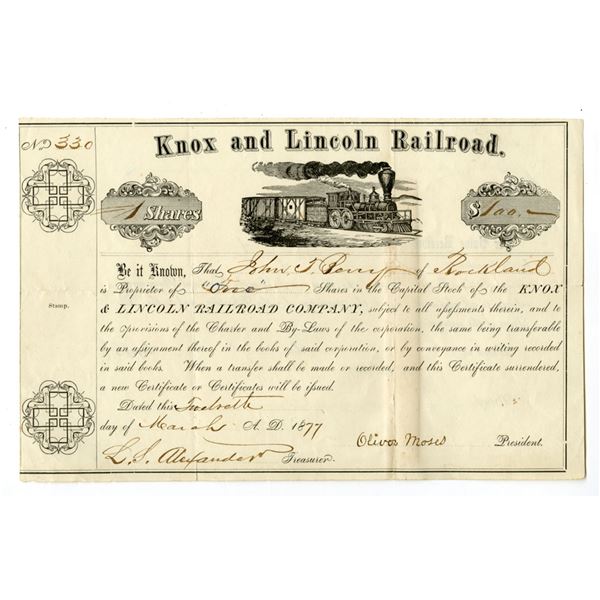 ME. Knox and Lincoln Railroad, 1877, I/U Stock Certificate.