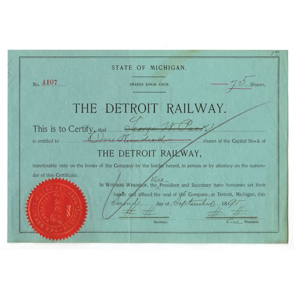 MI. Detroit Railway, 1895, I/C Stock Certificate.