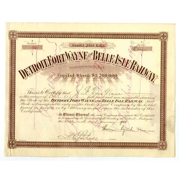 MI. Detroit Wayne and Belle Isle Railway, 1900, I/C Stock Certificate.