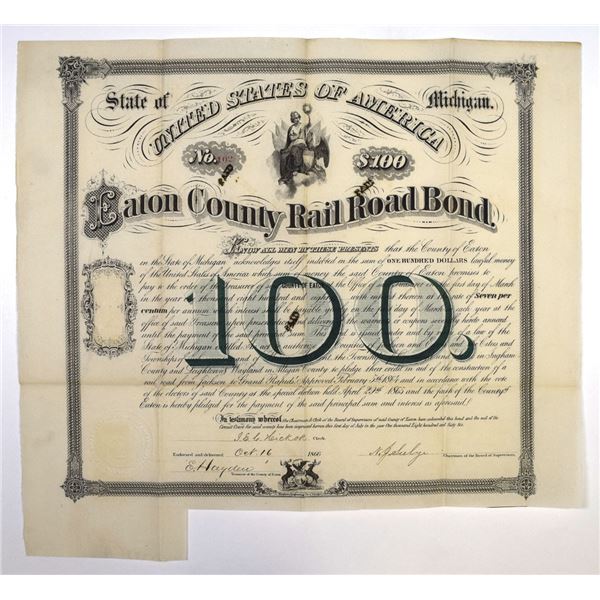 MI. Eaton County Rail Road Bond, 1866, I/C Bond.