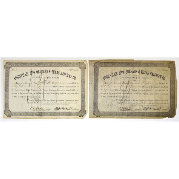 MO. Louisville, New Orleans & Texas Railway Co., 1884, I/C Stock Certificate Pair Including S/N 1.