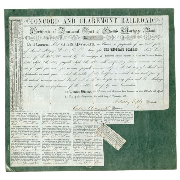 NH. Concord and Claremont Railroad, 1851, I/U Bond.