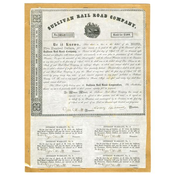 NH. Sullivan Rail Road Co., 1849, I/U Coupon Bond.