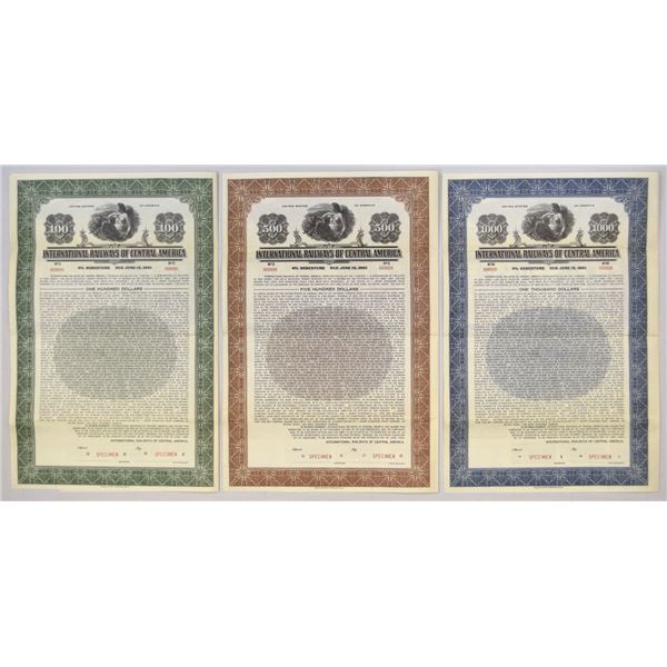 NJ. International Railways of Central America, 1936, Specimen Bond Trio.
