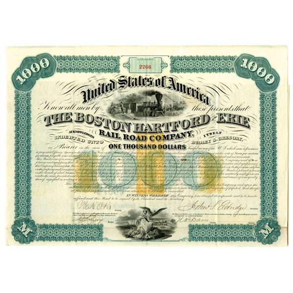 NY. Boston Hartford and Erie Railroad Co., 1867, I/U Bond.