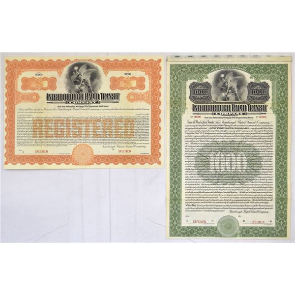 NY. Interborough Rapid Transit Co., 1913, Specimen Registered and Coupon Gold Bond Pair.