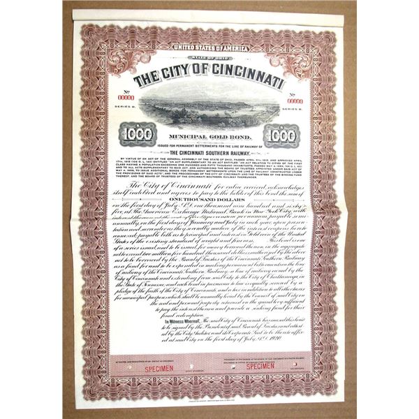 OH. Cincinnati Southern Railway - City of Cincinnati, 1920 Specimen Bond