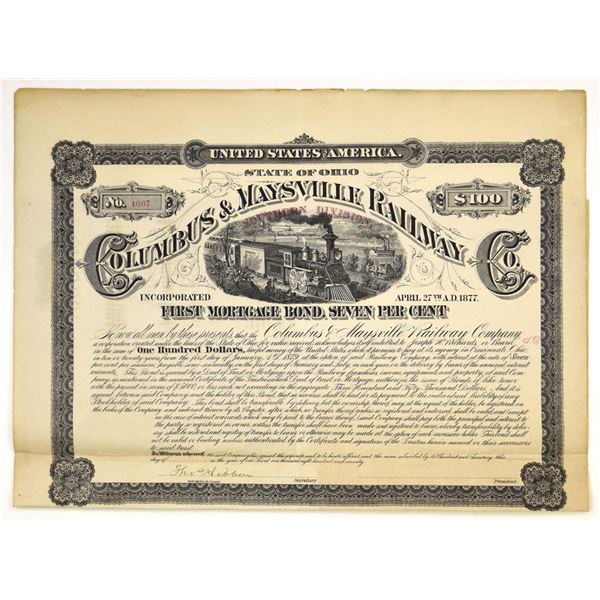 OH. Columbus & Maysville Railway Co., Southern Division. 1870, Remainder Bond.