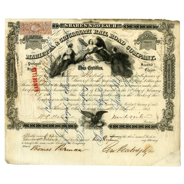 OH. Marietta & Cincinnati Rail Road Co., 1863 I/C Stock Certificate.
