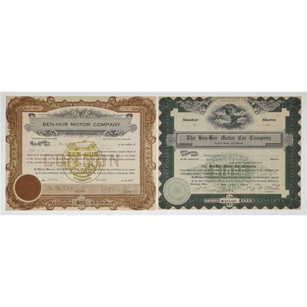 OH.DE. Ben-Hur, Motor Car Co., 1916 and 1917, I/U Stock Certificate Pair.
